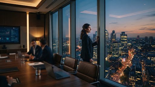 An executive looking out over a city skyline at night