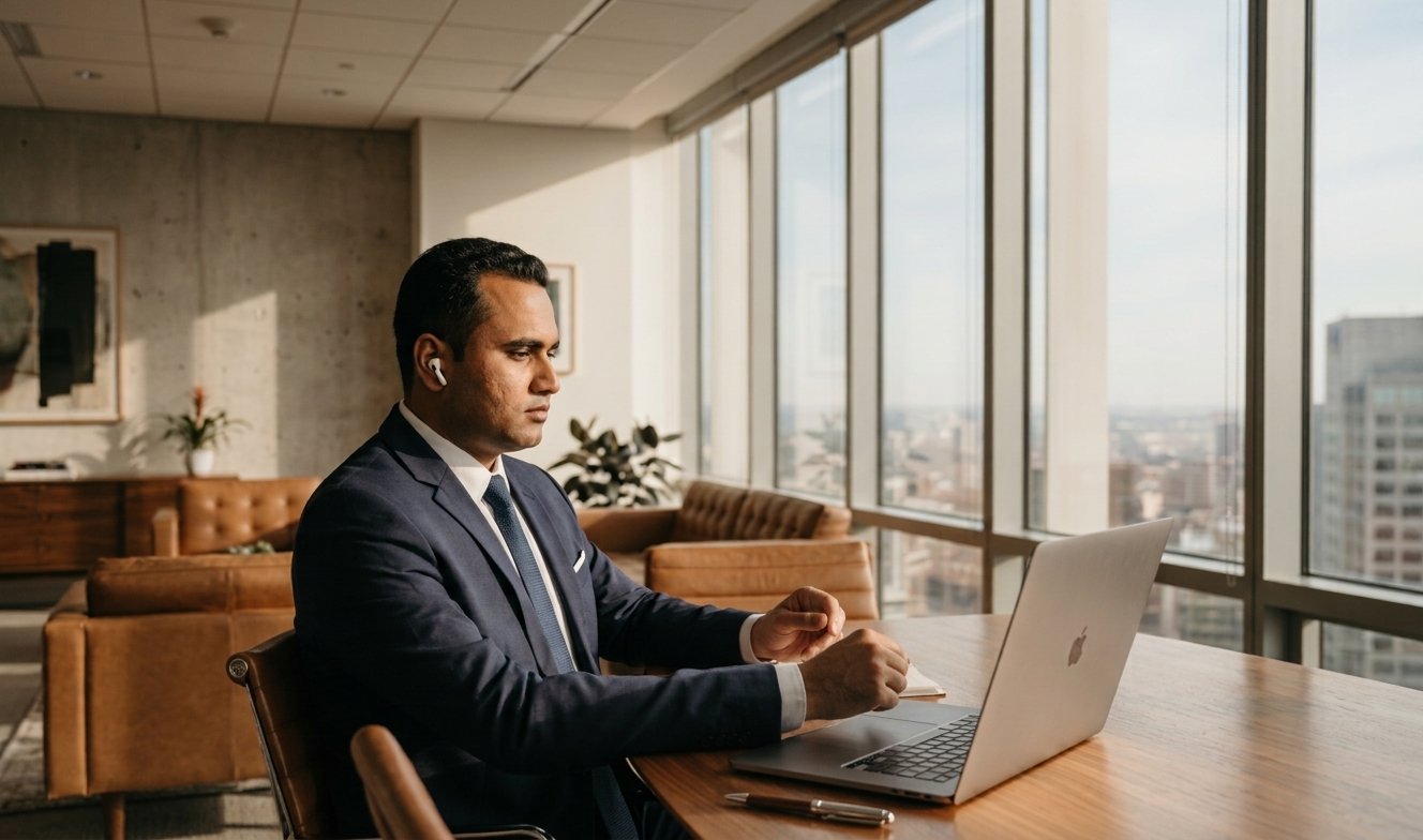 A senior business consultant working on a laptop in a minimalist modern office